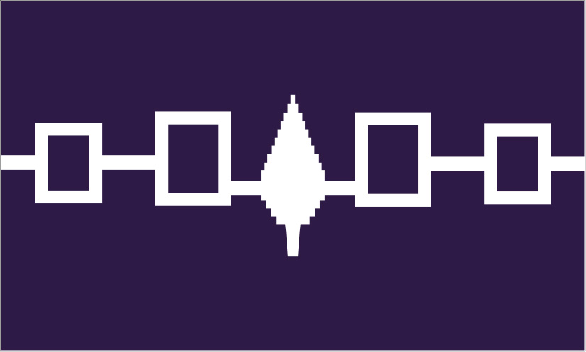 The six nation flag is a white tree with two white squares on either side on a deep purple background.