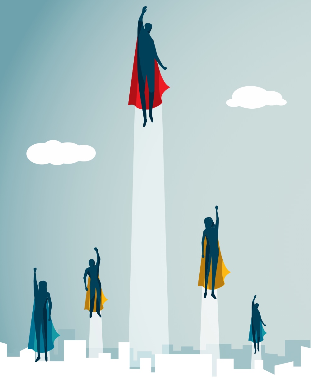 Illustrations of people wearing capes and flying