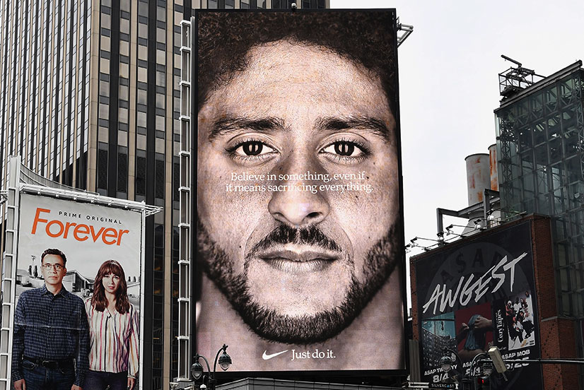 A Nike billboard of Colin Kaepernick stands in Times Square.