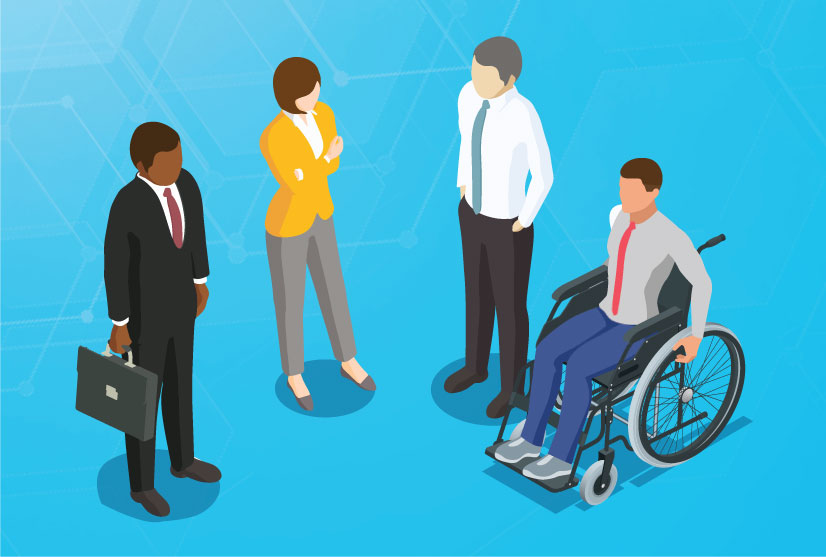 A group of diverse business individuals stand chatting. Among them are a woman, an elderly man, a black man, and a man in a wheelchair.