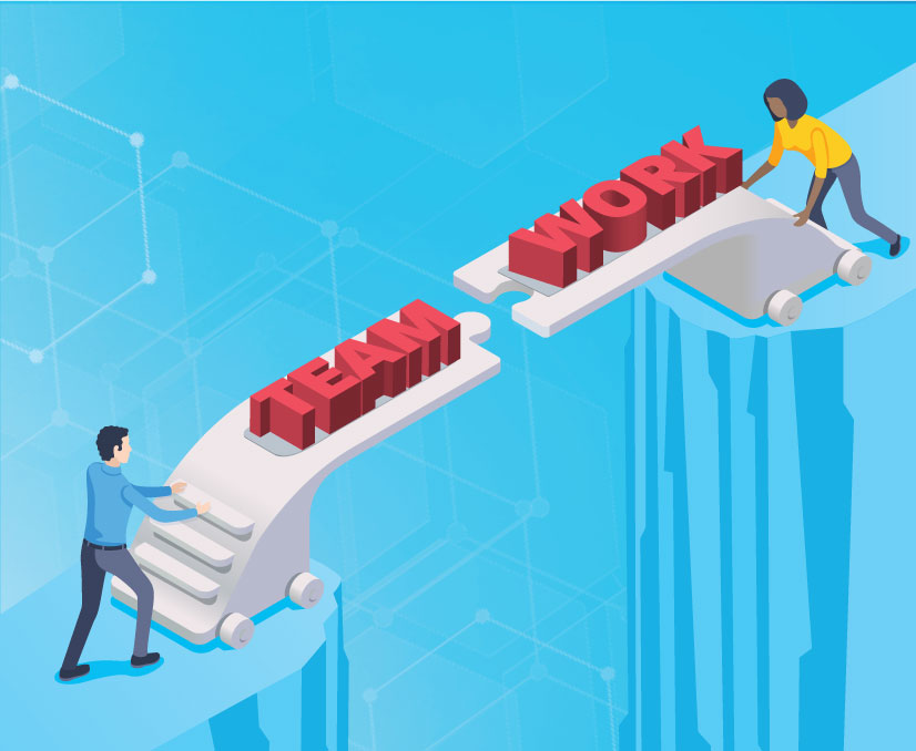 An isometric illustration of two people standing on opposite cliffs with complimentary rolling bridges. One bridge has the word team and the other bridge has the word work. When the two bridges are connected it will span the cliff as well as form the word teamwork.