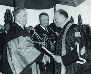 President Franklin D. Roosevelt receiving an honorary degree at Queen’s from Chancellor James Richarsdson