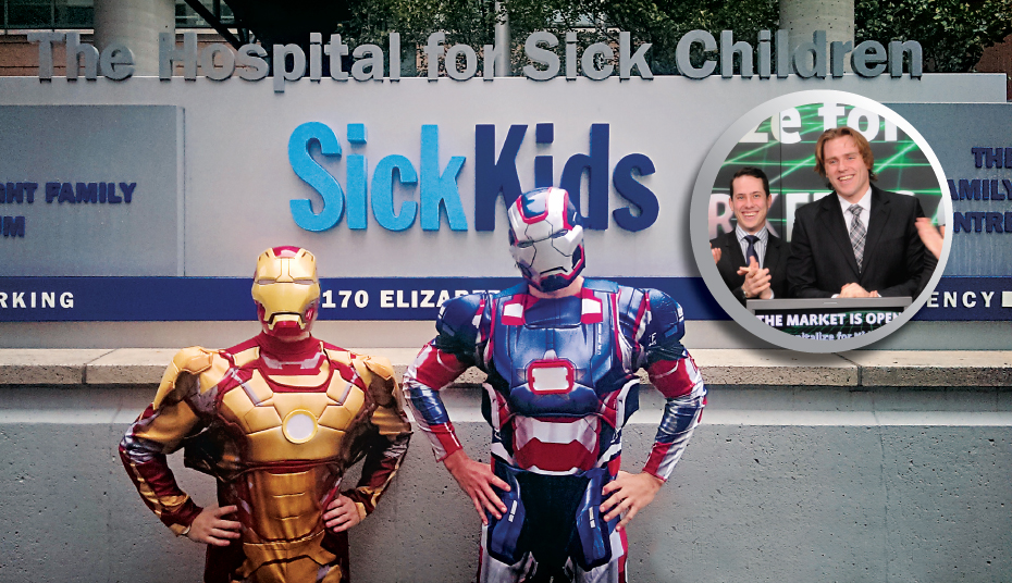 Iron Man (Jeff Gallant) and War Machine(Kyle MacDonald) pay a Halloween visit todistribute treats at SickKids. Inset, Jeff, atleft, and Kyle, open the TSX in April.
