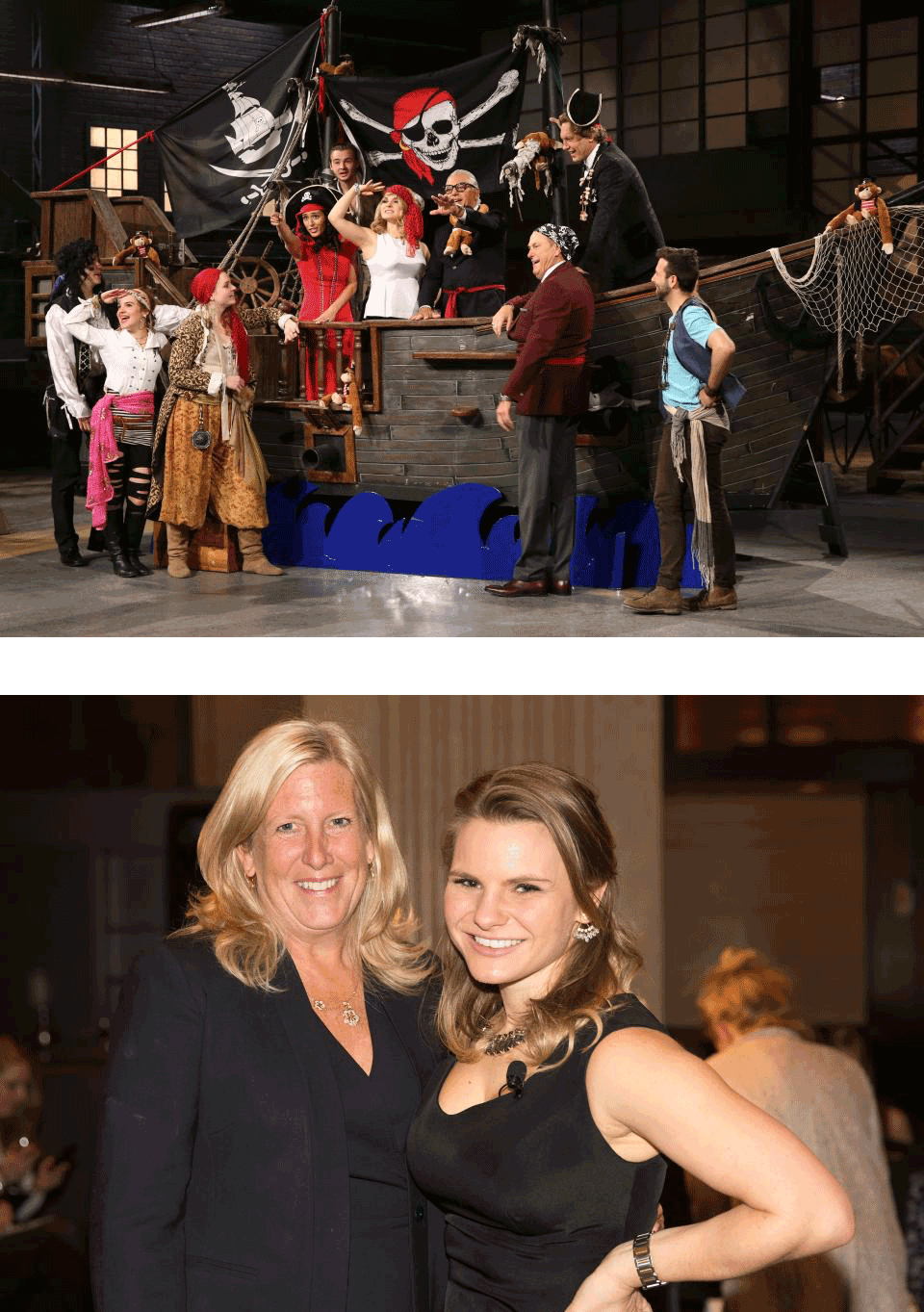 Top: Michele salutes and her fellow Dragons get into the act when a Toronto entrepreneur pitched his pirate-themed theatre and cruise on Episode 18 of Season 10 of Dragons' Den. Bottom: Michele with one of her Queen’s mentors, Elspeth Murray, Associate Dean, MBA and Masters Programs, at a Women of Influence Evening Series event that Michele headlined with fellow Dragon Manjit Minhas. Elspeth introduced Michele to the capacity audience of 250 in Toronto in March.