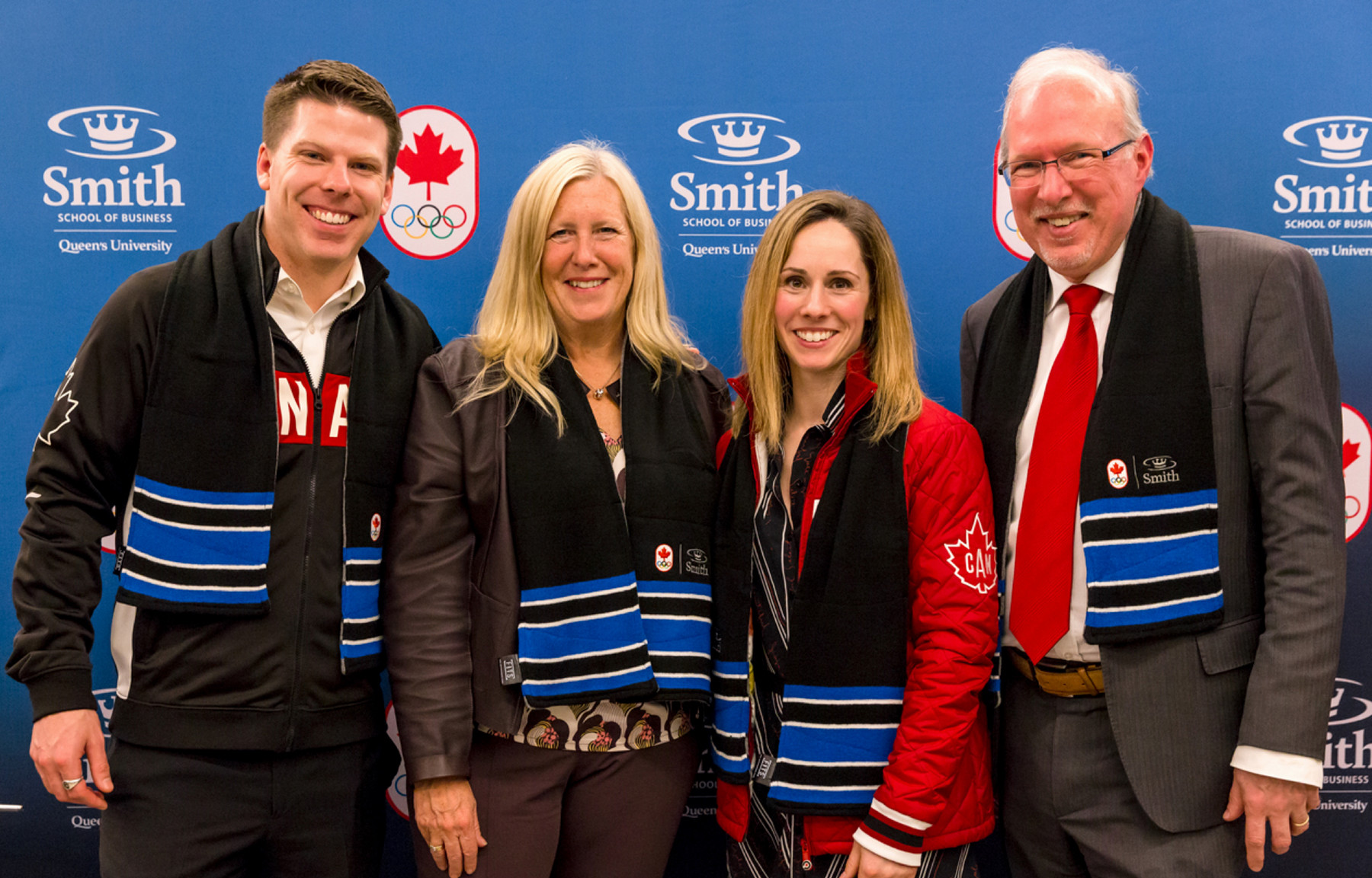 From left: Lee Parkhill, AMBA’18,  who sailed for Canada at the Rio Olympics; Elspeth Murray, Associate Dean of MBA and Masters Programs; Jennifer Heil, Olympic gold and silver medal winner in freestyle skiing;  Dean David Saunders.