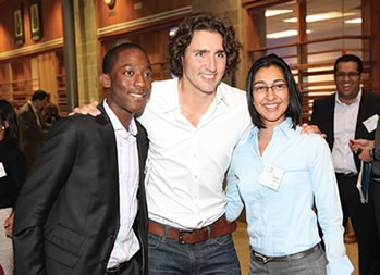 Keynote speaker Justin Trudeau with CRL Summit students Beau Sackey and Eileen Prasad