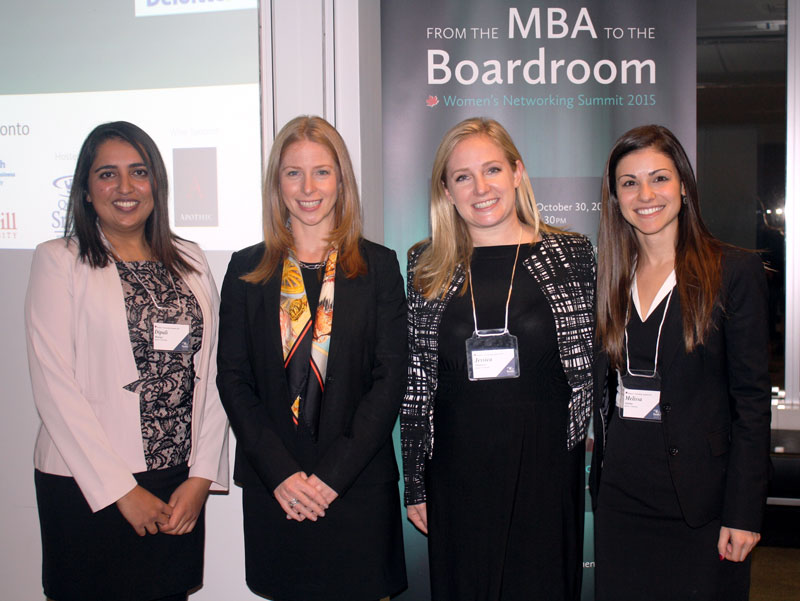 Speaker Carolyn Lawrence, CEO of Women of Influence (second from left), with Smith MBA student organizers Dipali Raniga (far left), Jessica Thanasse and Melissa Alaimo, at Smith’s Toronto facility.