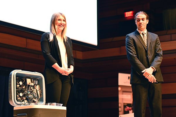 James Hantho, BCom'18, and Karina Bland, Sc'18, pitching their venture during the recent Dunin-Deshpande Queen’s Innovation Centre Summer Pitch Competition.