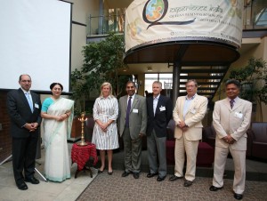 Attendees included, from left, Eric LeBlanc, MGM Program Director, Narinder Chauhan, India’s deputy high commissioner to Canada, Elspeth Murray, Associate Dean, MBA Programs, Mukesh Gupta, Tata Consultancy, Peter Sutherland, former Canadian High Commissioner to India, Kingston Mayor Harvey Rosen and Shai Dubey, Cornell-Queen’s EMBA Program Director
