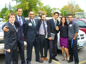 MBA students setting out to tour local businesses — from left, Chris Sinkinson, Gautam Garg, Andrew Barclay, Khalil Saade, Sufian Mughal, Sara Dudley and Ashutosh Kaushik