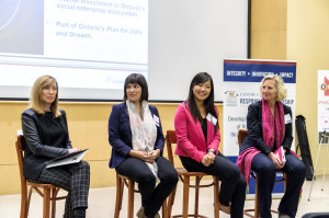 Speakers taking part in a plenary session (L to R): Helen Burstyn, Ministry of Economic Development and Innovation Ontario; Julie Forand, Sprout Guerrilla; Jane Wu, Donor IQ; and Vicki Saunders, What’s Next.