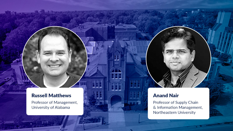 Headshots of professors Russell Matthews and Anand Nair on Goodes Hall background