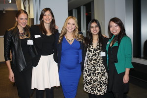QSB’s Women in Leadership club executives, from left, Laura Laoun and Claire Labrom; at right, Disha Popli & Rebecca To, with speaker Kimberly Moffit, center