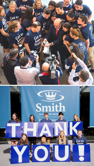 Top:  Students take selfies with a very approachable Stephen Smith. Bottom:   Commerce students in front of banners outside Goodes Hall that dropped the moment Principal Woolf announced the school’s new name.