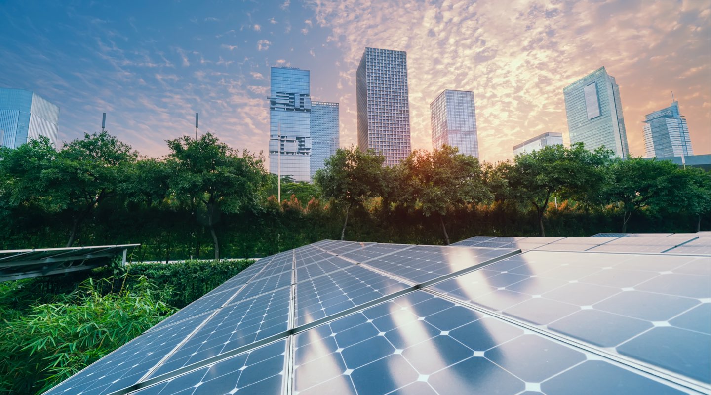 A bank of solar panels, with trees and office towers in the background